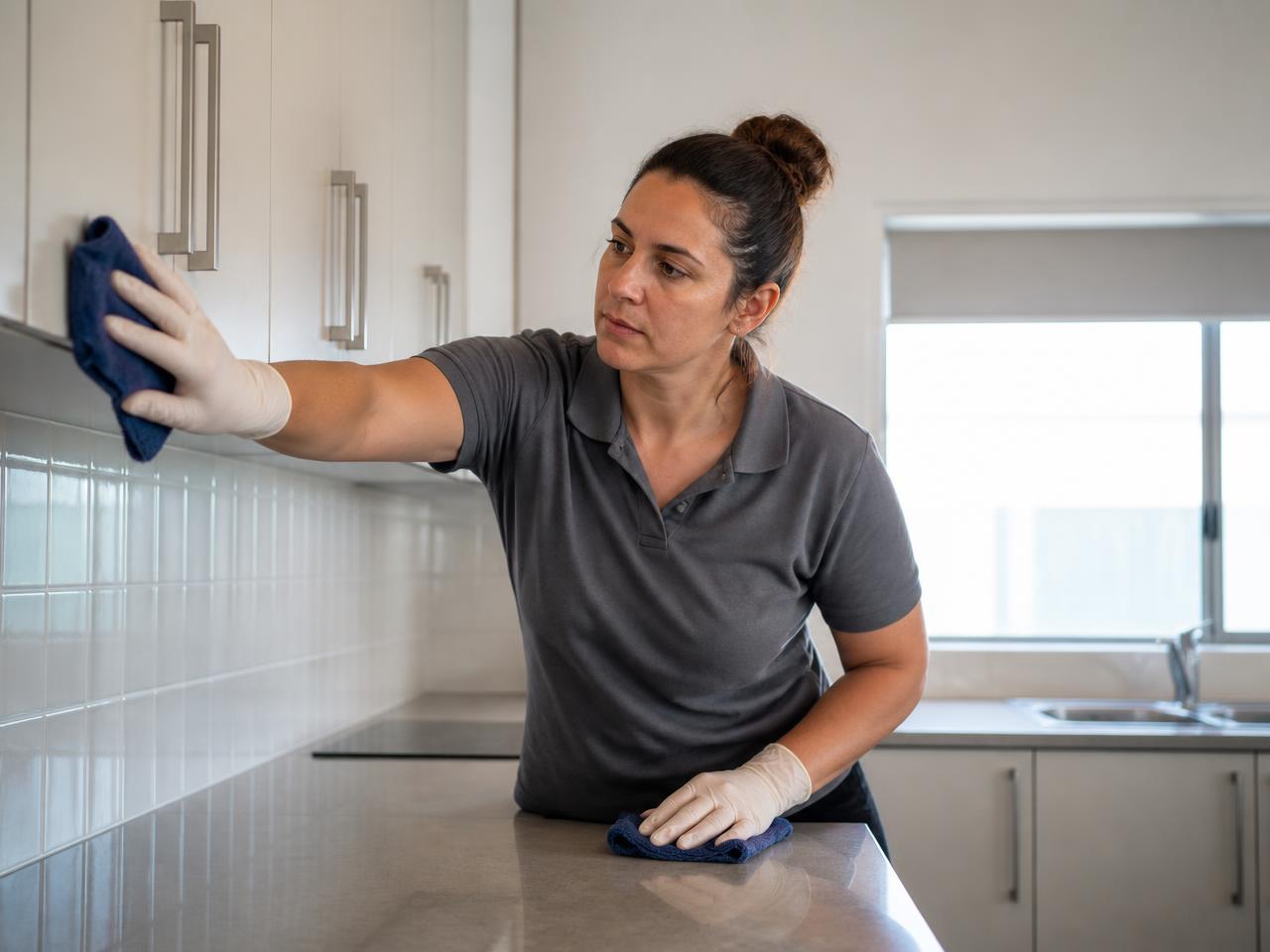 Cleaner in gloves wiping kitchen cupboards and benchtops in an empty rental home