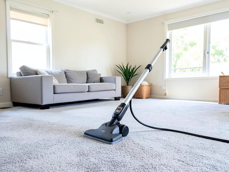 Carpet cleaning wand on light carpet in an empty living room